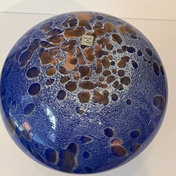 Maestri Vetrai Blown Glass Vase Made In Murano Italy Deep Blue Speckled Copper - Picture 12 of 15